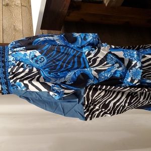 CQ by CQ Maxi Skirt M Blue Animal Chain Print Denim Tack Detail Black Gold NWOT